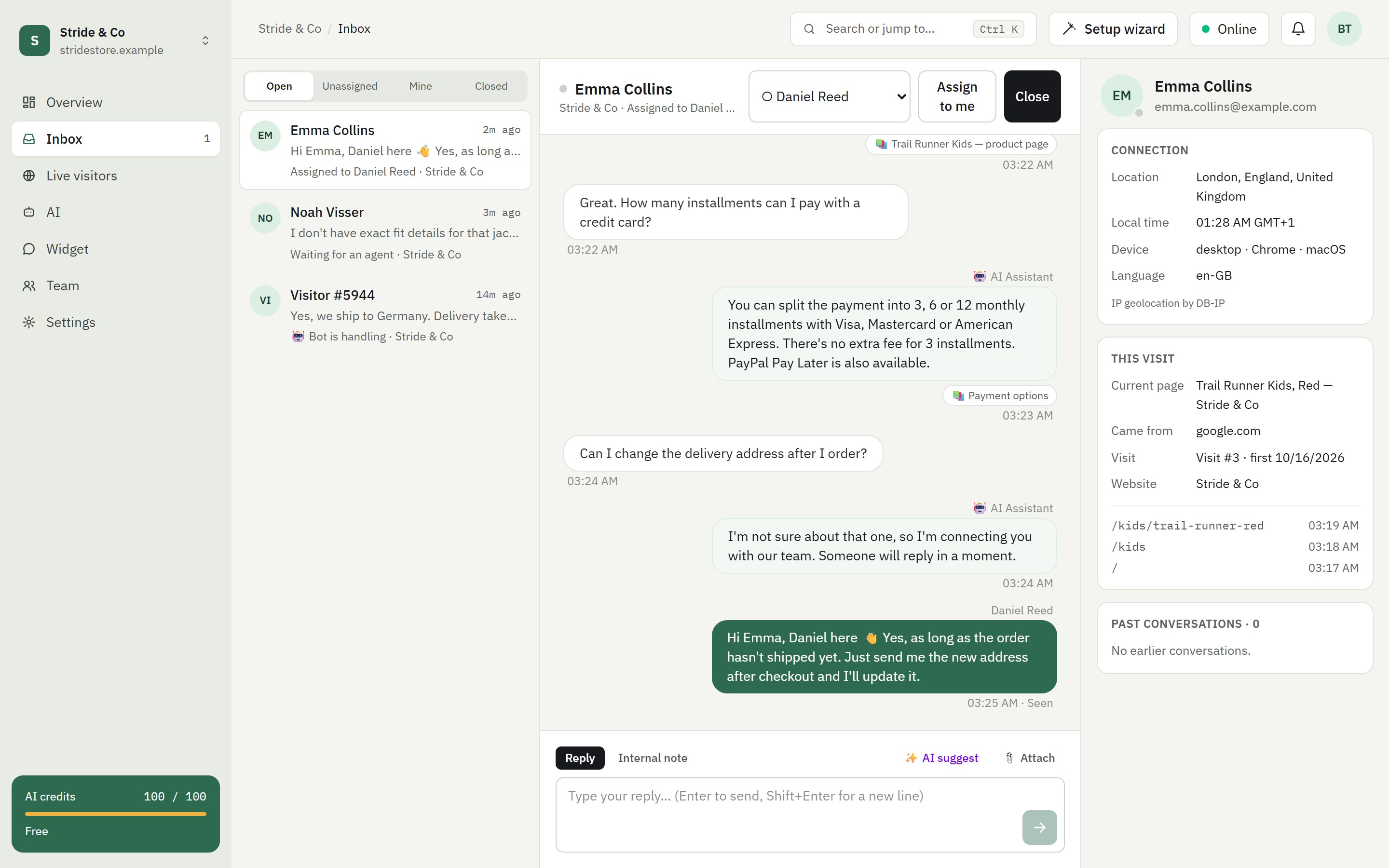 Zovama inbox: the AI assistant and an agent in the same conversation