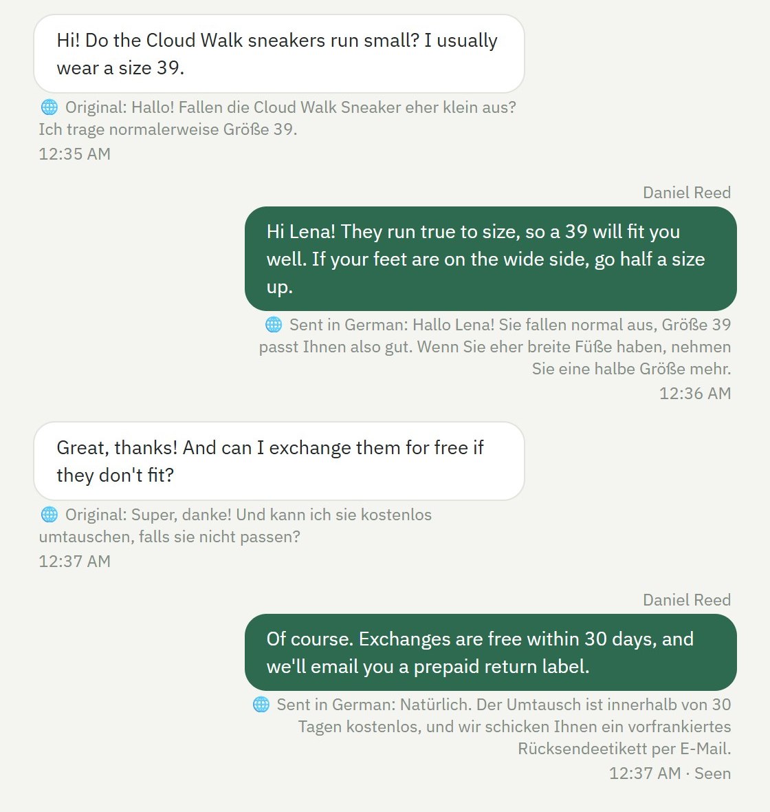 Live translation: chatting in English with a visitor who writes in German